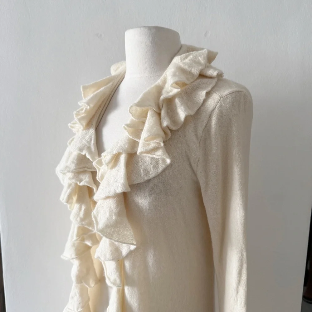 Cashmere Ralph Lauren Black Label Cream Ruffle Duster Cardigan Sweater Medium - Picture 4 of 9